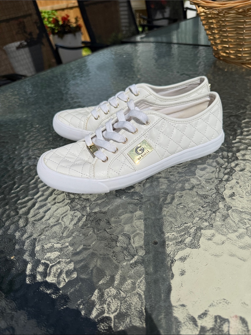 G by GUESS White Quilted Lace-Up Sneakers with Gold Logo